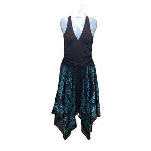 Vintage Y2K Asymetrical 90s Hankerchief VNeck Paisley Satin Halter Dress M Brown